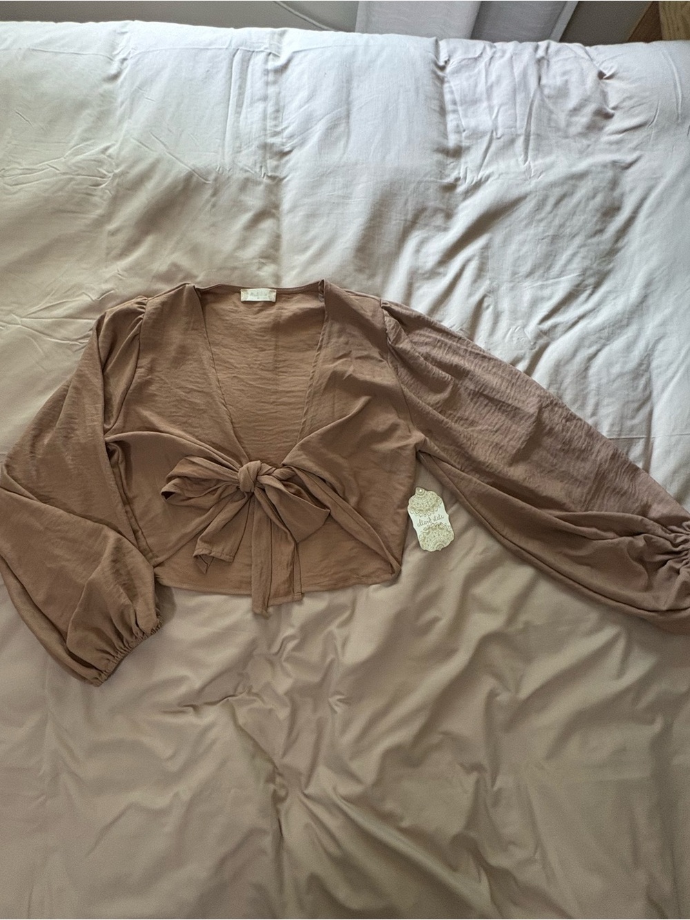Altar'd State Mauve Brown Tie-Front Balloon Sleeve Crop Top